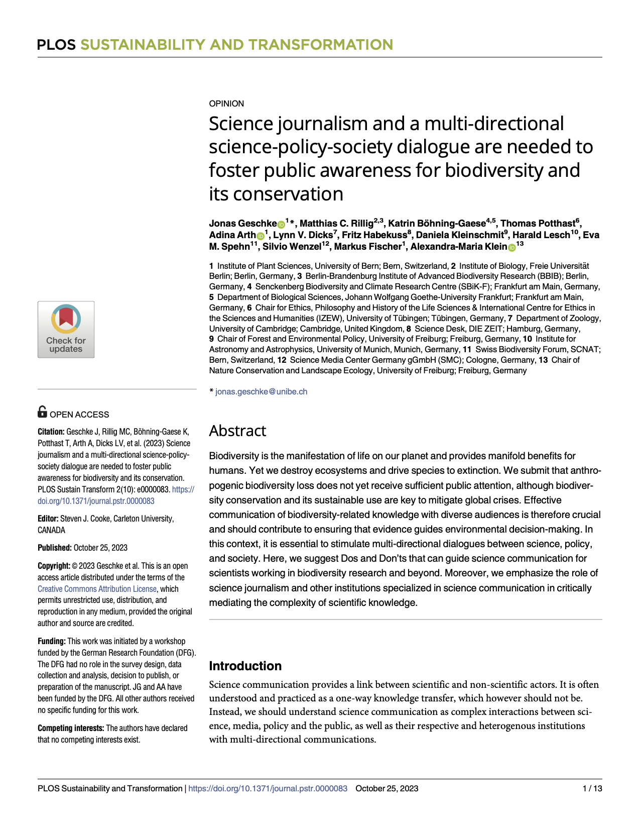 Science journalism and a multi-directional science-policy-society dialogue are needed to foster public awareness for biodiversity and its conservation
