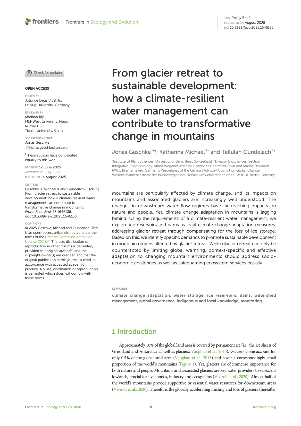 From glacier retreat to sustainable development: how a climate-resilient water management can contribute to transformative change in mountains