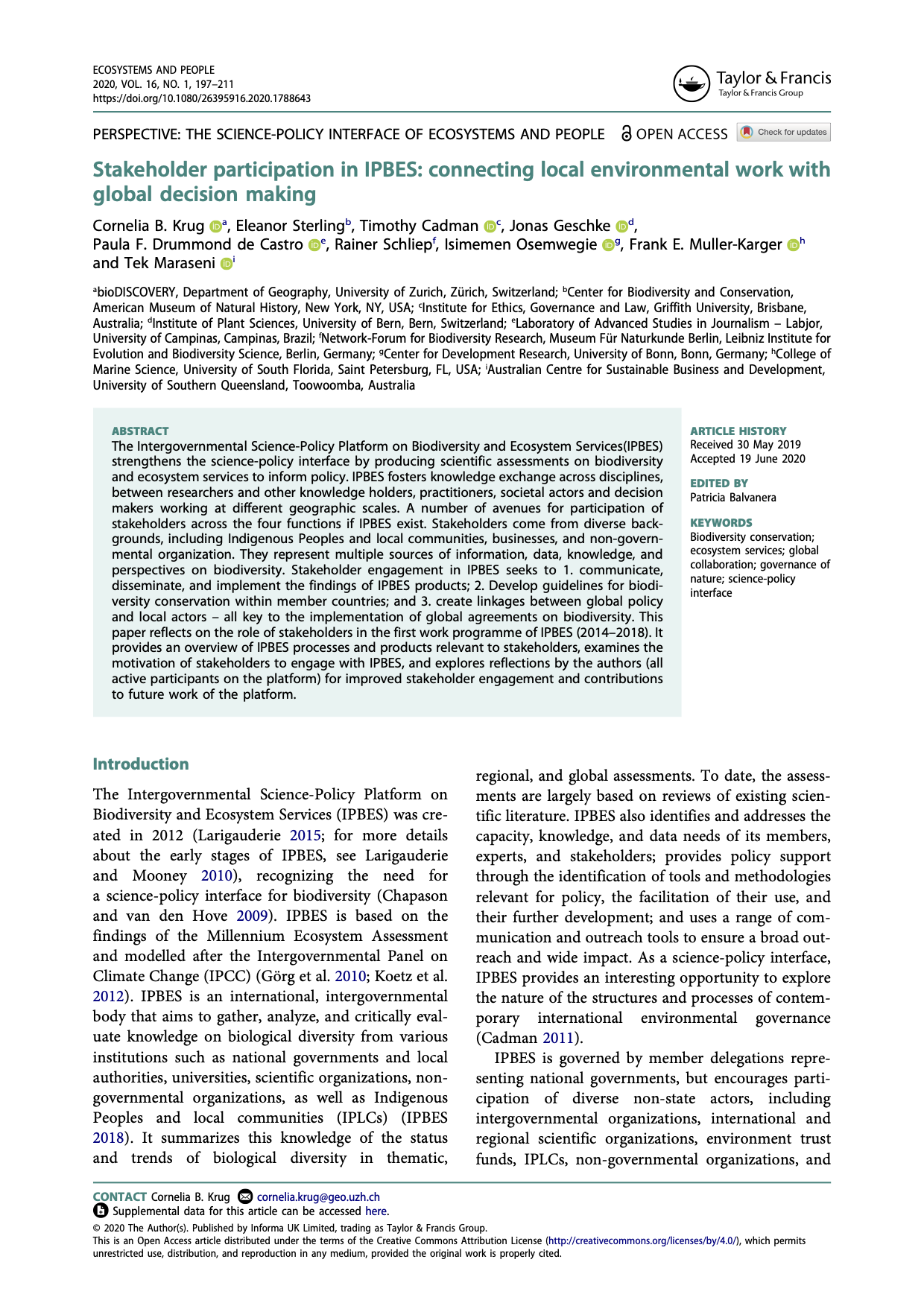 Stakeholder participation in IPBES: connecting local environmental work with global decision making