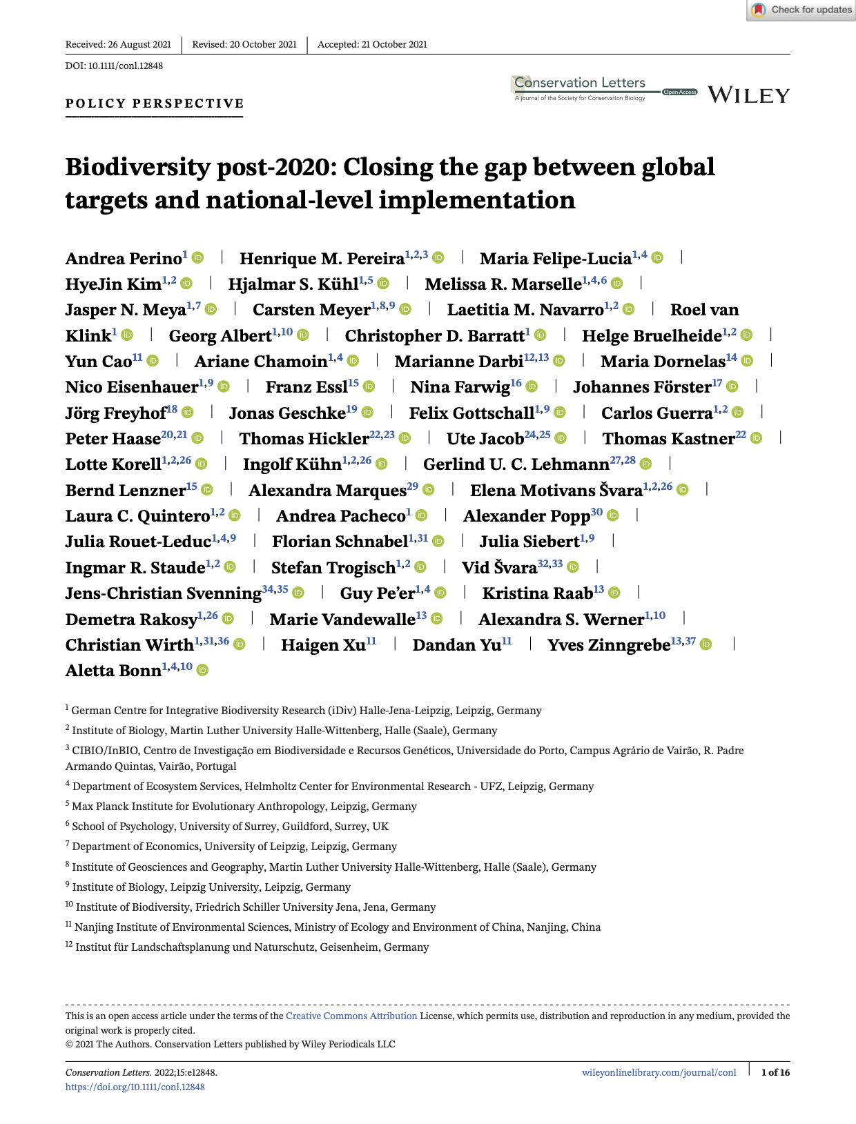 Biodiversity post‐2020: Closing the gap between global targets and national‐level implementation